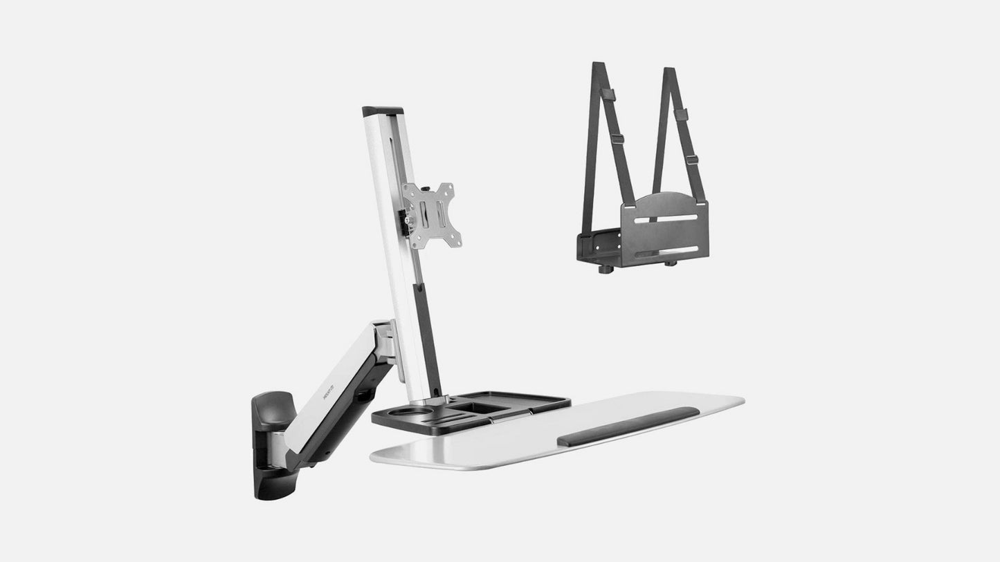 Mount-It! Wall Mounted Sit-Stand Single Monitor Workstation: Keyboard Tray & CPU Holder Grey