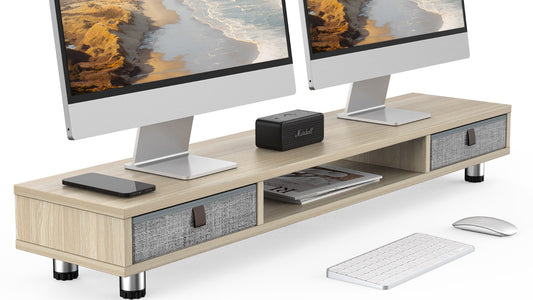 FENGE Dual Monitor Stand with 2 Drawers Beige