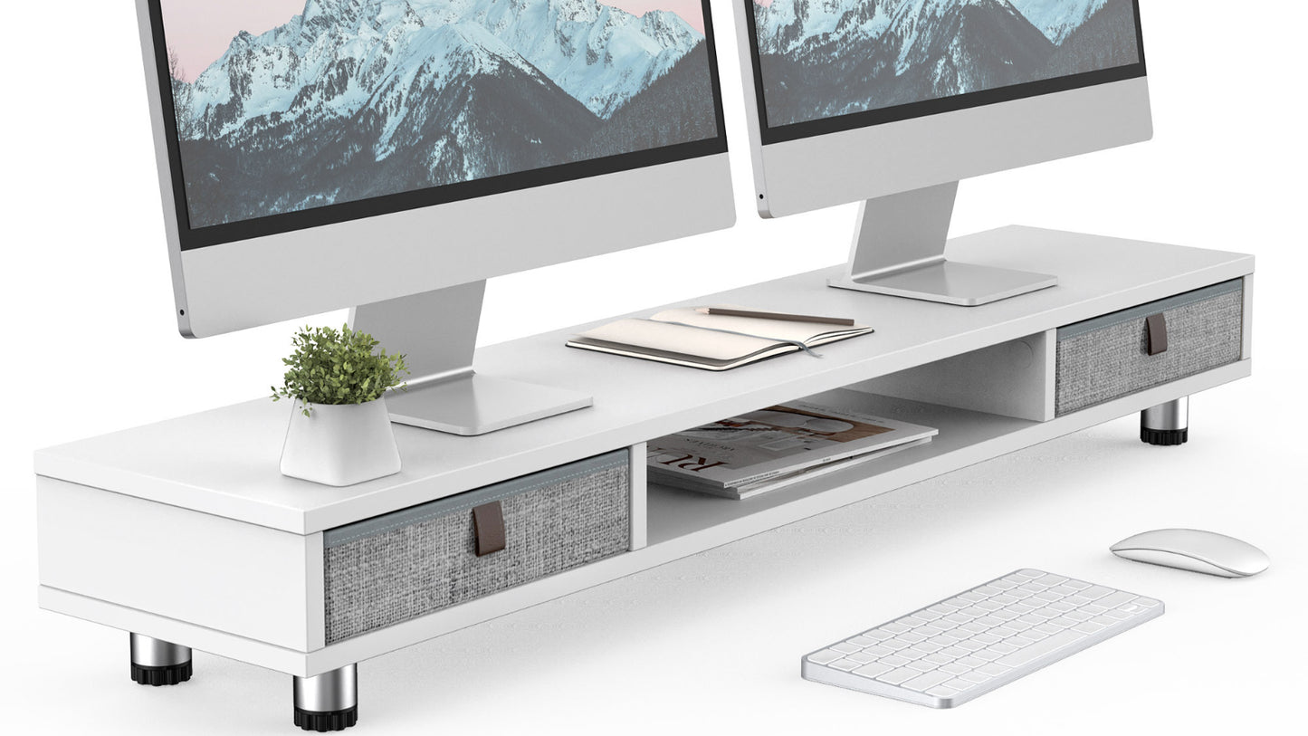 FENGE Dual Monitor Stand with 2 Drawers White