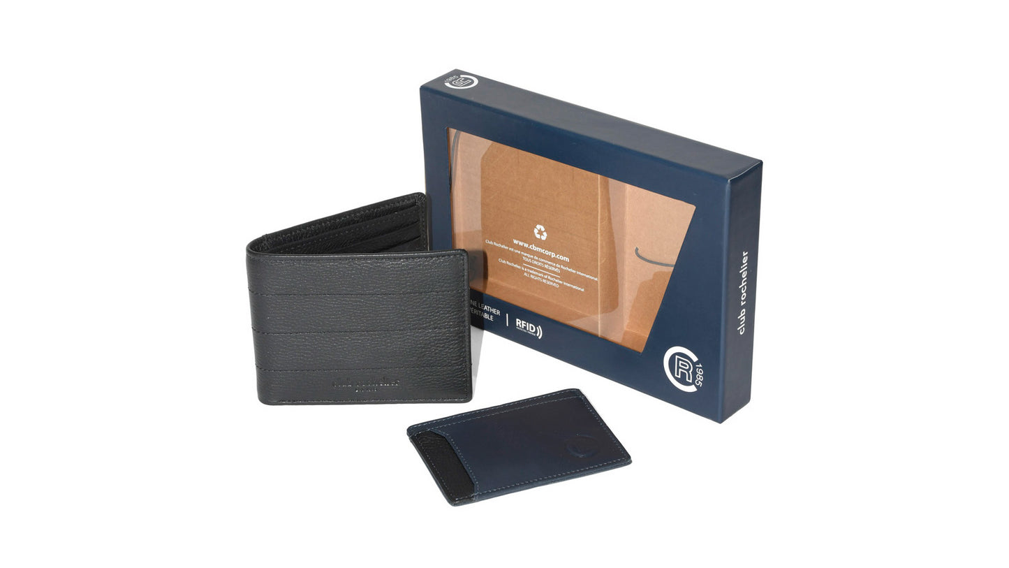 Club Rochelier Men's Billfold with Removable Card Holder Black and Navy Combo