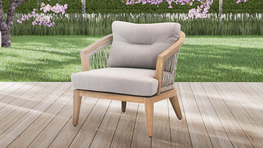 Benzara Curved Rope Woven Outdoor Wooden Frame Club Chair Gray And Brown